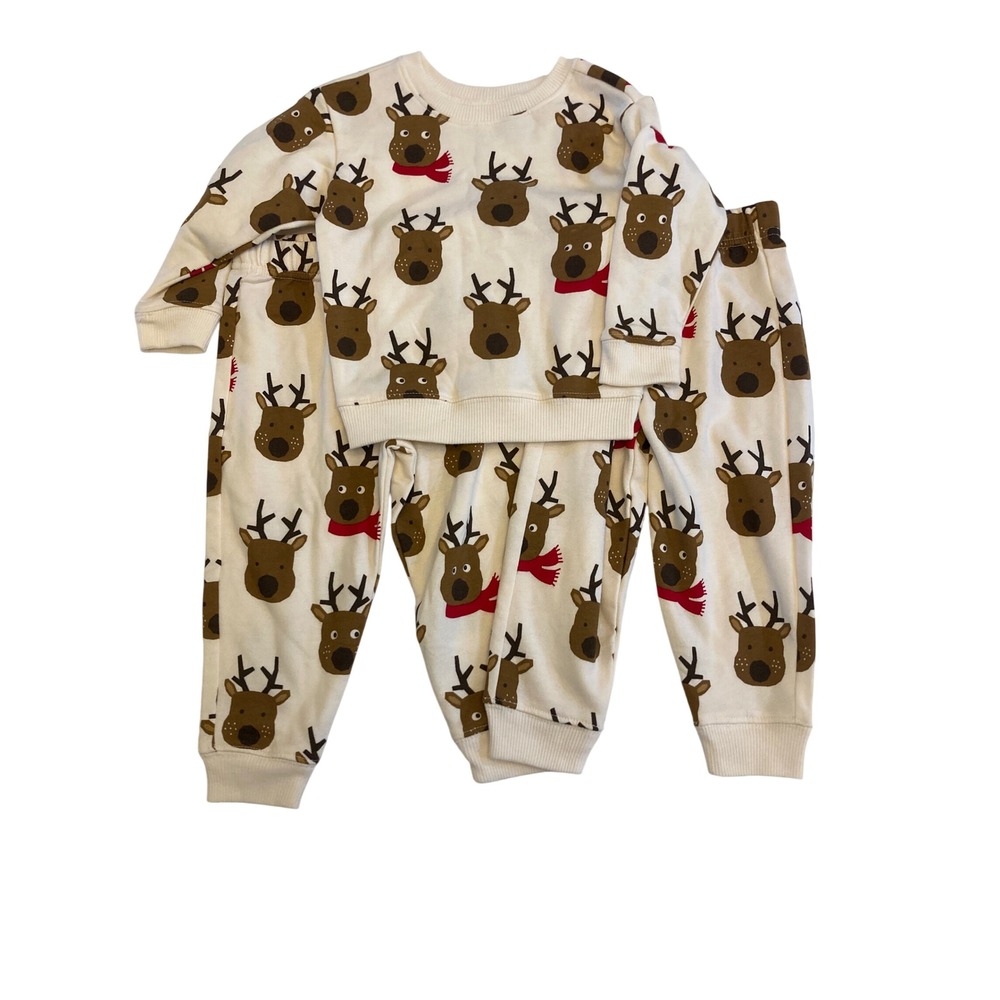 Holiday Time Kids 2T Reindeer Fleece Pajama Set Cream Red  Sweatshirt 2prs pants